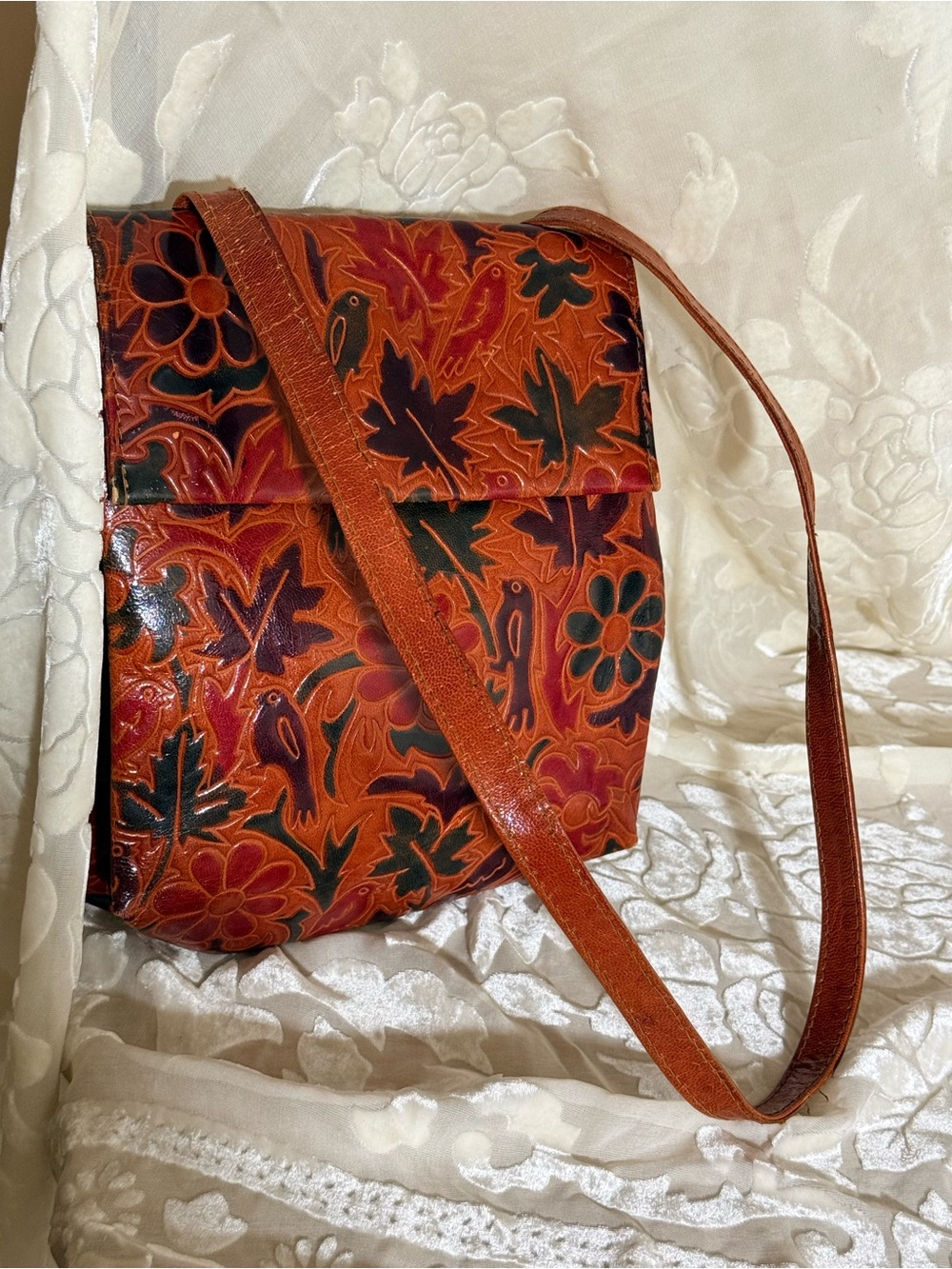 Vintage Hand Tooled Leather Crossbody Bag Painted Bird Floral Boho 70s